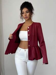 Selianne Women's Elegant Commuter Solid Color Ruffle Hem Jacket - Red - View 7