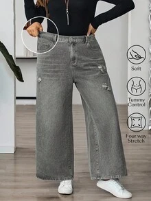 SHEIN CURVE+ 女士灰色秋冬宽松休闲牛仔裤，破洞装饰，女士所有服装，万圣节服装，女士乡村风格，别致秋季