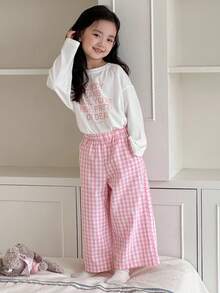 DAZY 少女口号印花长袖上衣和格子裤睡衣套装 - 粉色 - 查看 7
