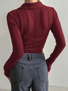 DAZY 学院风秋季新款单件女式Polo领修身纹理T恤长袖女式上衣 - 酒紅色 - 查看 5
