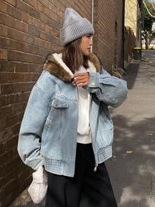 Livesso Damski, swobodny, zapinany na zamek, pikowany płaszcz z kieszeniami, styl uliczny, kurtka jesienno-zimowa - Niebieski - Zobacz 5