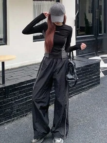 DAZY Áo thun họa tiết chữ Colorblock, quần áo thu dài tay cho nữ - màu đen - Xem 5