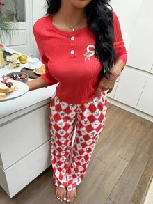 ZzzCrew 圣诞蝴蝶结格子姜饼女士圆领长袖上衣和裤子休闲睡衣套装，秋冬服装 - 紅色 - 查看 4