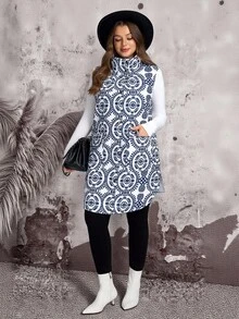 EMERY ROSE Plus Size Women Plant Pattern Zip Front Casual Pocket Sleeveless Winter Jacket Fall Autumn - Blue - View 8