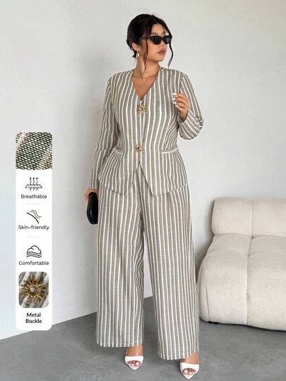 Firerie Plus Size Women 2-Piece Striped Suit, Casual Commuting Vacation Outfit, Imitation Linen Striped Wide-Leg Pants Set, School/Back To School Clothes, Country Concert Outfit, Vintage Style, Teacher Outfit, Fashion, Country Music Festival, Stockholm Style Blouse And Pants Set Pant Suit Summer Sets 2 Pieces Casual Sets Woman Striped Pants Set Pants Suit/Metal Button Decorated Suit Jacket / With Pockets, Waist And A-Line, Elegant Commuting, Office Lady Outfit, Pants Suit Plus Size