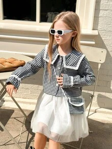 SHEIN Tween Girls Cute Houndstooth Collar Long Sleeve Short Jacket Top & White Mesh Skirt 2 Pieces Set, Comfortable Autumn/Winter Fall - Black - View 6