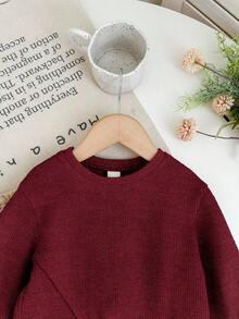 SHEIN Babygirl 休闲针织卡其色长袖上衣和松紧腰裤两件套，秋冬