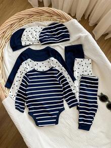 Bộ đồ sơ sinh 3 món cho bé gái, bộ đồ liền thân dài tay họa tiết sọc sao dễ thương, thường ngày, quần, mũ - Nhiều màu - Xem 2