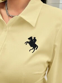 SHEIN EZwear 大码女式休闲百搭收腰长袖衬衫 - 黃色 - 查看 6