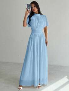 Firerie Women's Elegant Romantic Elegant Daily Commute Beach Vacation Stand Collar Pleated High Waist A-Line Flare Sleeve White Dress Blue - Baby Blue - View 6