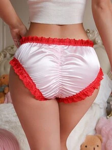 PetitDoll Quần lót nữ màu hồng satin crepe, xếp ly, họa tiết bướm, cạp cao, phối màu tương phản, ngọt ngào, dễ thương. - Hồng - Xem 1