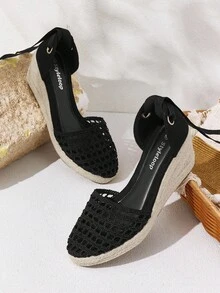 Styleloop 女士坡跟凉鞋，镂空编织鞋面，绳编鞋跟，度假必备单品，波西米亚风情，音乐节，派对装扮，美式复古风 - 黑色 - 查看 2