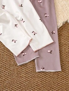 SHEIN 2 件婴儿/幼儿女孩花卉长袖上衣和裤子套装，带荷叶边领，秋冬