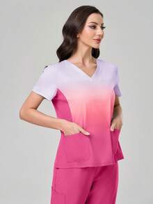 TaskEZ Conjunto de uniforme de scrubs con top de manga corta en degradado y pantalones de unicolor - Rosa - Ver 7
