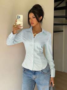 SHEIN EZwear 女士秋季新款粉色条纹系腰修身长袖衬衫 - 綠色 - 查看 6