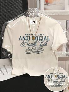 INAWLY Members Only, Anti-Social Reading Club - Summer Shirt, Fashionable Funny Book, Coffee & Letter Print T-Shirt, Women Casual Fitted Cropped Short Sleeve Top