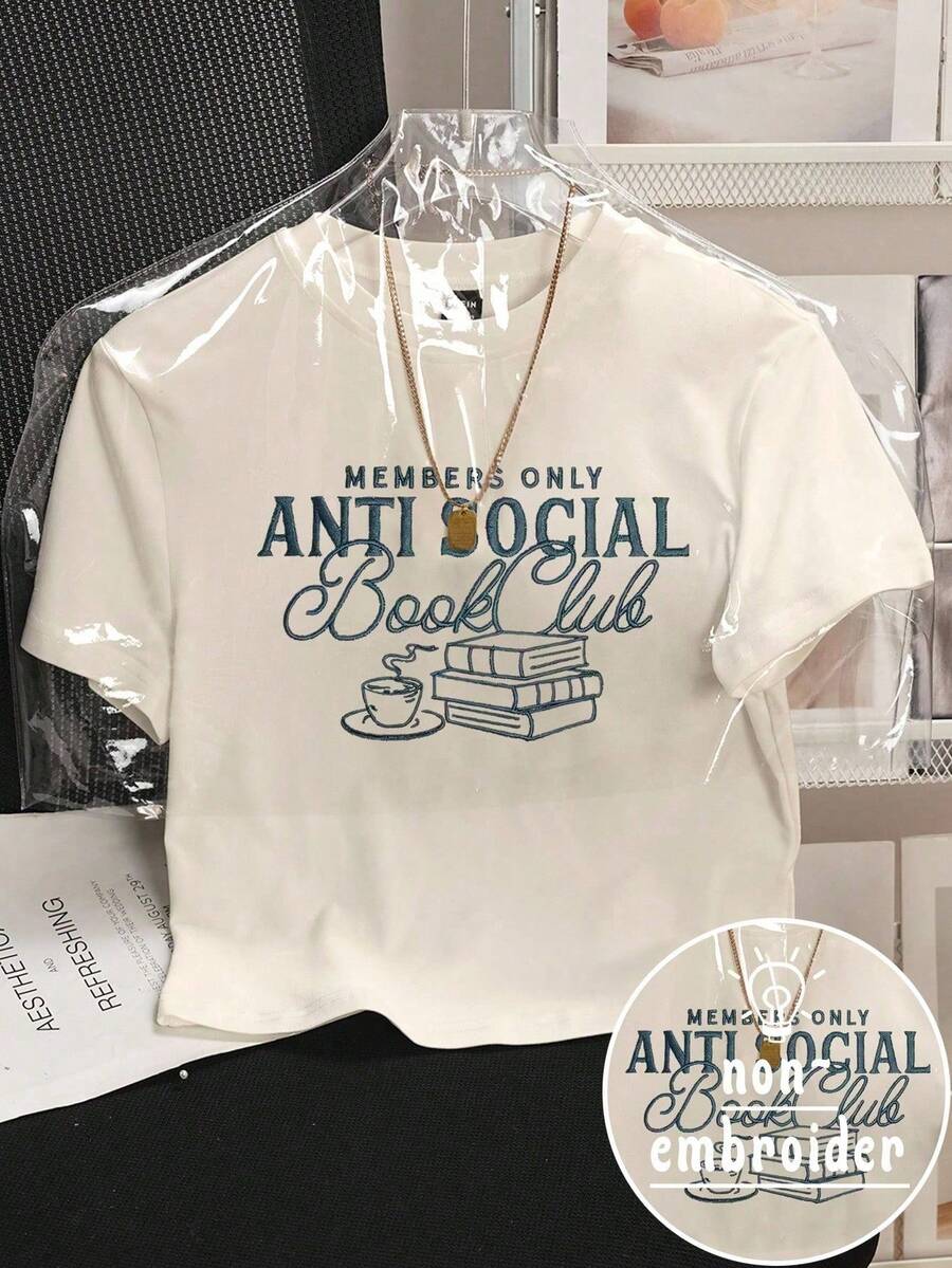 INAWLY Members Only, Anti-Social Reading Club - Summer Shirt, Fashionable Funny Book, Coffee & Letter Print T-Shirt, Women Casual Fitted Cropped Short Sleeve Top