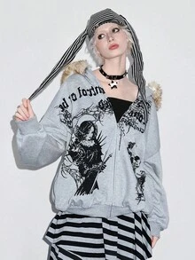 ROMWE Áo nỉ lông cừu in hình đầu lâu chữ đen Halloween kiểu cũ - Xám - Xem 7