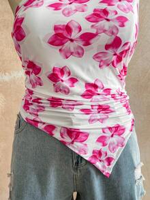 Soleia 大码女式优雅度假褶皱肩针织印花背心 - 粉色 - 查看 6