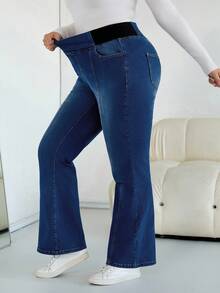 SHEIN CURVE+ Women Plus Retro Dark Blue Autumn And Winter High-Elastic Flared Jeans,All,Halloween Costumes, Country Style For Women, Chic Autumn - Dark Wash - View 8