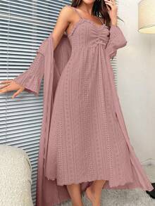 Solid Cami Nightdress & Ruched Frill Trim Robe Pajama Set, Fall Winter Clothes - Dusty Pink - View 4