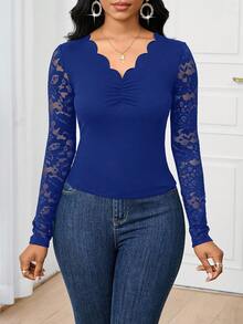 SHEIN Lady 2025新款优雅通勤皇家蓝纯色蕾丝拼接修身长袖T恤皇家蓝上衣外出上衣女士长袖T恤 - 寶藍色 - 查看 5