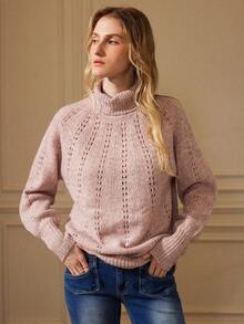 Écloséra 复古纯色高领钩针休闲长袖套头毛衣 - 藕粉色 - 查看 6