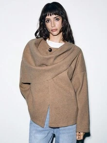 Lumivelle Women's Asymmetric Scarf Poncho Style Coat Jacket, Versatile For Autumn/Winter - Khaki - View 4