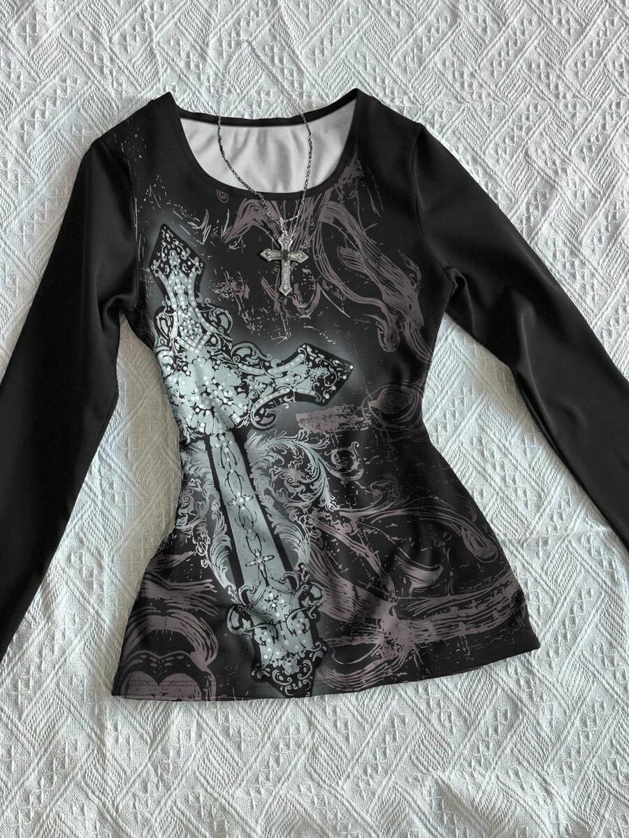 SHEIN Camiseta de manga larga con estampado gráfico vintage para mujer, camiseta casual slim con estampado de alas cruzadas, camiseta estilo grunge retro estético punk, regalo para hermanas, regalo festivo, festival de música, moda, elementos populares