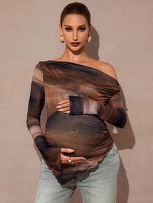 MaterniChic 孕妇斜肩长袖荷叶边下摆T恤