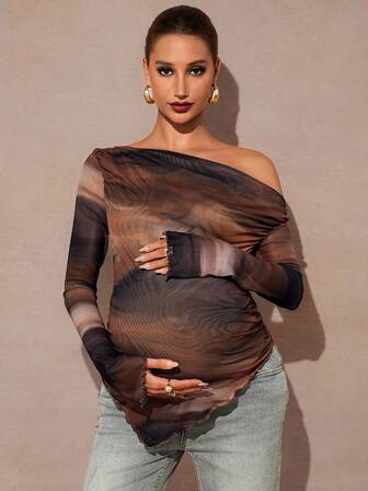 MaterniChic Maternity Oblique Shoulder Long Sleeve Ruffle Hem T-Shirt  Fall Clothes  Maternity  Baby Shower   Cute Top Off The Shoulder