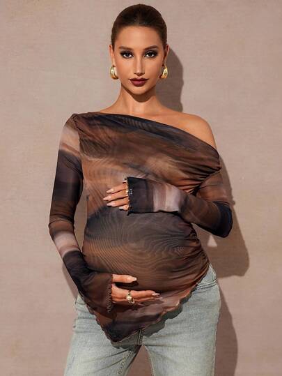 MaterniChic Maternity Oblique Shoulder Long Sleeve Ruffle Hem T-Shirt  Fall Clothes  Maternity  Baby Shower   Cute Top Off The Shoulder