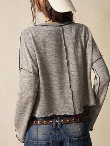 SHEIN BohoFeels Áo thun nữ tay dài cổ chữ V rộng rãi màu trơn đơn giản họa tiết tương phản phong cách Boho - Màu be - Xem 7