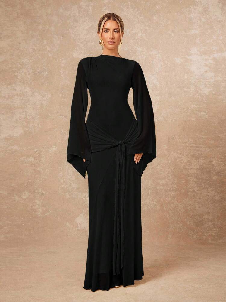flowy black long sleeve dress Lumalex Women's Elegant Autumn Loose Sheer Dress,Tie-Up Sash Sleeves Luxury Prom Banquet Dining Modest Old Money Glitter Party Sleeve maxi dress