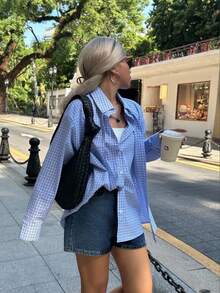 Jouncy 女式宽松长袖蓝白格子衬衫，休闲户外/度假装，夏季/秋季 - 藍色 - 查看 5