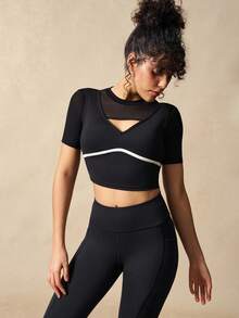 VARSIVA Women's Casual Sports Mesh Patchwork Round Neck T-Shirt - Black - View 2
