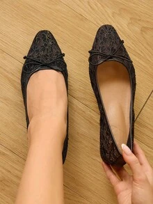 CUCCOO HITCHD Giày bệt thường ngày đa năng thoáng khí, thoải mái, thoải mái, thoáng khí, đế thấp, mũi vuông, họa tiết nơ trang trí mới mùa xuân/thu 2025 - màu đen - Xem 3