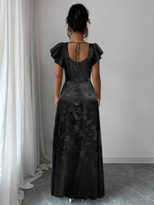 Elenzga 女式方领荷叶边袖系带连衣裙，下摆开衩，绿色提花面料，百搭，适合伴娘、舞会、毕业典礼、通勤，舒适时尚，极具吸引力 - 黑色 - 查看 2