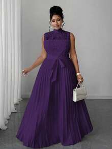 Maweii 大码优雅蕾丝拼布褶皱腰连衣裙 - 紫色 - 查看 4