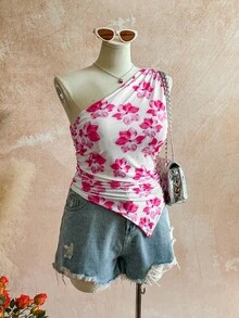 Soleia 大码女式优雅度假褶皱肩针织印花背心 - 粉色 - 查看 7