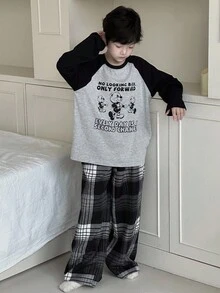 Dazy Kids Tween Boy Contrast Color Patchwork Cartoon Slogan Print Long Sleeve Top & Plaid Pants Pajama Set - Grey - View 4