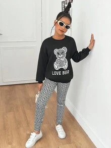 SHEIN 2pcs/Set Tween Girls Bear Print Crew Neck Sweatshirt And Geometric Pattern Pants Outfit Fall Winter