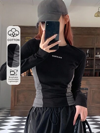 DAZY Camiseta con bloque de color y gráfico de letra, ropa de otoño de manga larga para mujer