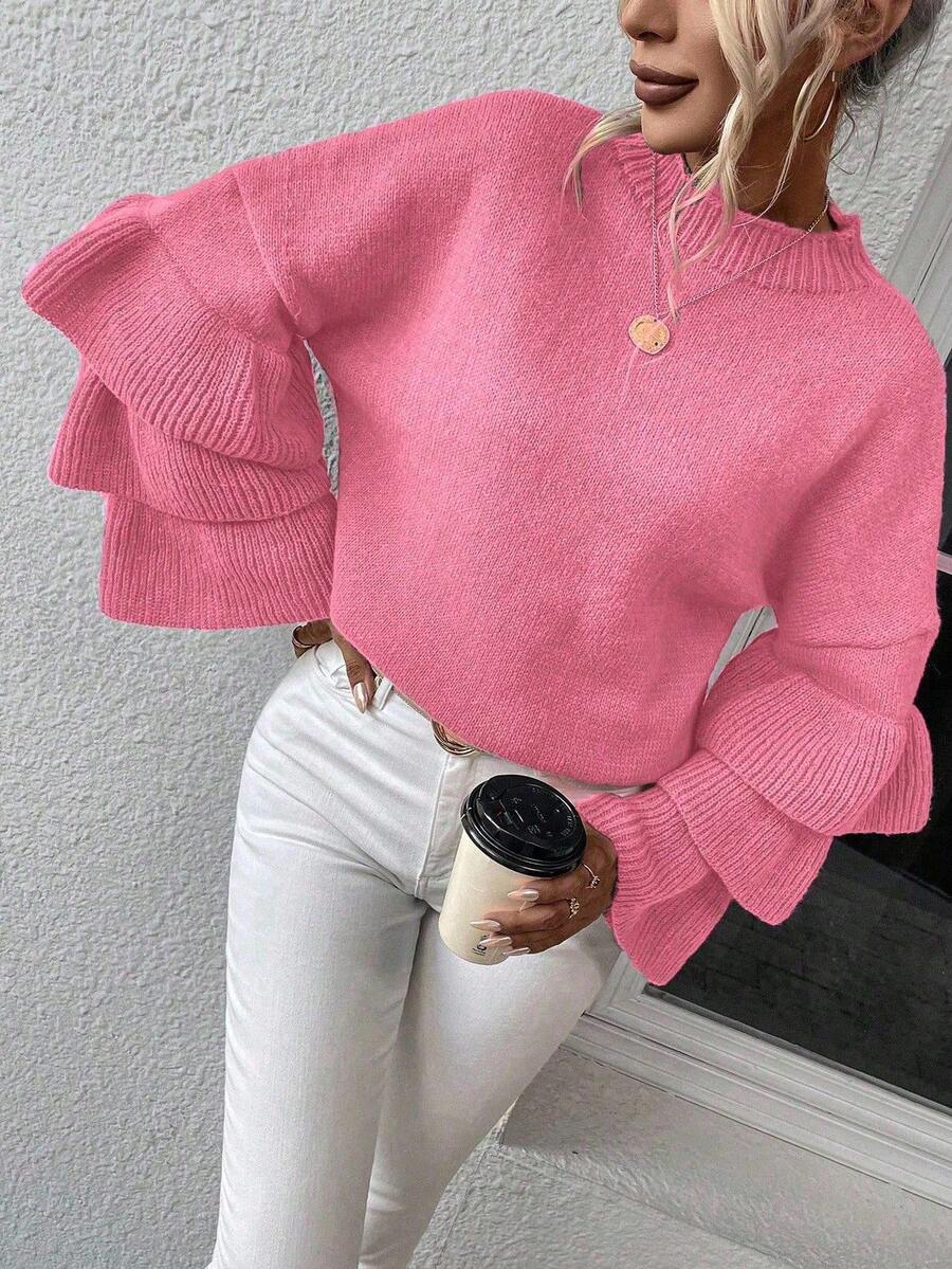 EMERY ROSE Women's Solid Color Round Neck Patchwork Ruffle Flare Sleeve Fashion Sweater, Autumn