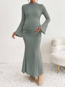 SHEIN 孕妇优雅纯色喇叭袖连衣裙 - 綠色 - 查看 5