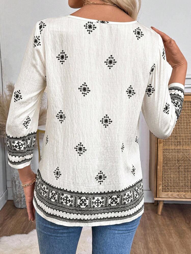 レディース ビンテージスタイル ラウンドネック 長袖 カジュアルシャツ