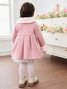 SHEIN Babygirl Cute Pink Fuzzy Collar Patchwork Jacket, Autumn/Winter Baby Girl Coats Baby Girl Pink Coat Toddler Girl Coats Girls Winter Coat Girls Dress Coat Fall - Pink - View 3