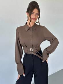 Firerie Women's Coffee Color Lapel Front Double-Breasted Loose Waist Open Cardigan Blouse, Fashion Shirt Top, Daily Commute Long Sleeve Shirt, Commute, Elegant, Work Attire - Coffee Brown - View 8