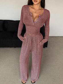 DAZY 2pcs Solid Color Half-Placket Long Sleeve Top And Pants Set For Women,Fall Clothes Tracksuits Women Set Lounge Sets For Women - Burgundy - View 6