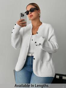 SHEIN PETITE CURVE 大码女式纯色长袖单排扣立领休闲开衫，秋冬 - 白色 - 查看 1